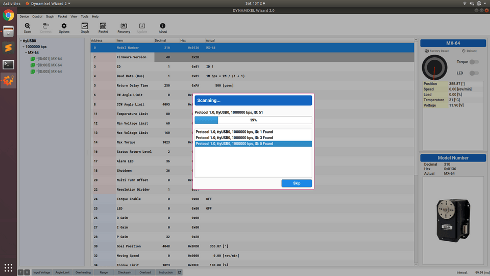 Screenshot of Dynamixel Wizard performing a scan with 3 servos discovered